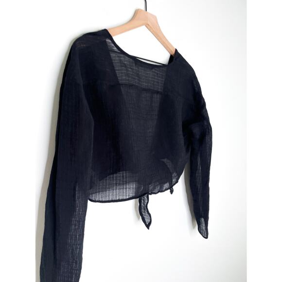 Zara Black Sheer Gauze Long Sleeve Tie Front Crop Top Small V Neck - Picture 8 of 9